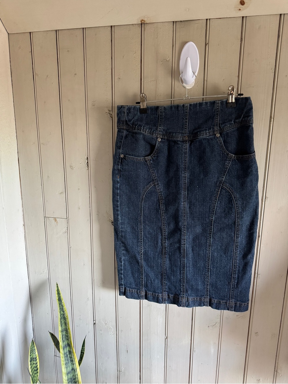 Dark Wash Denim Pencil Skirt 100% Cotton High Rise Minimal Stretch Size 7/8